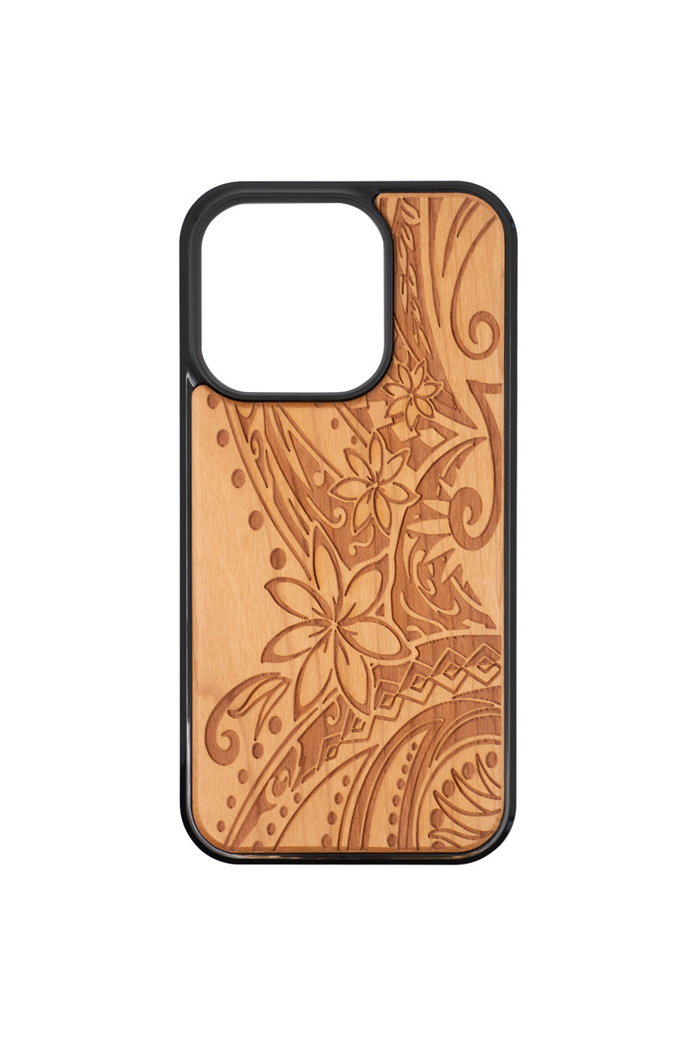 Tribal Plumeria Engraving iPhone 14 Pro Wood Case