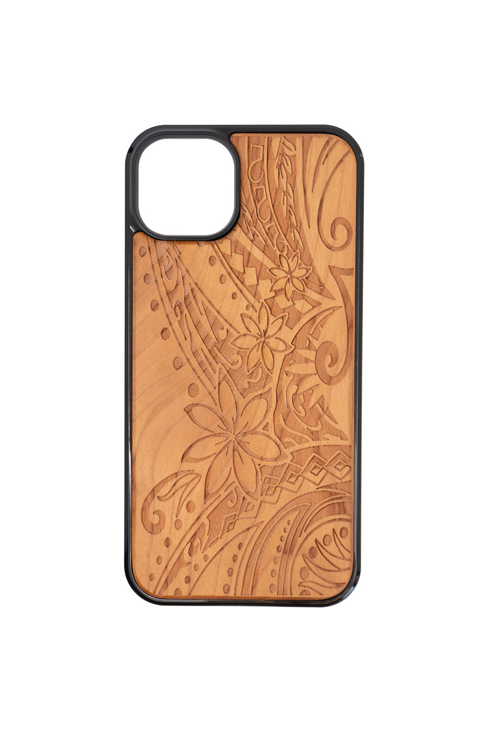 Tribal Plumeria Engraving iPhone 15 Plus Wood Case